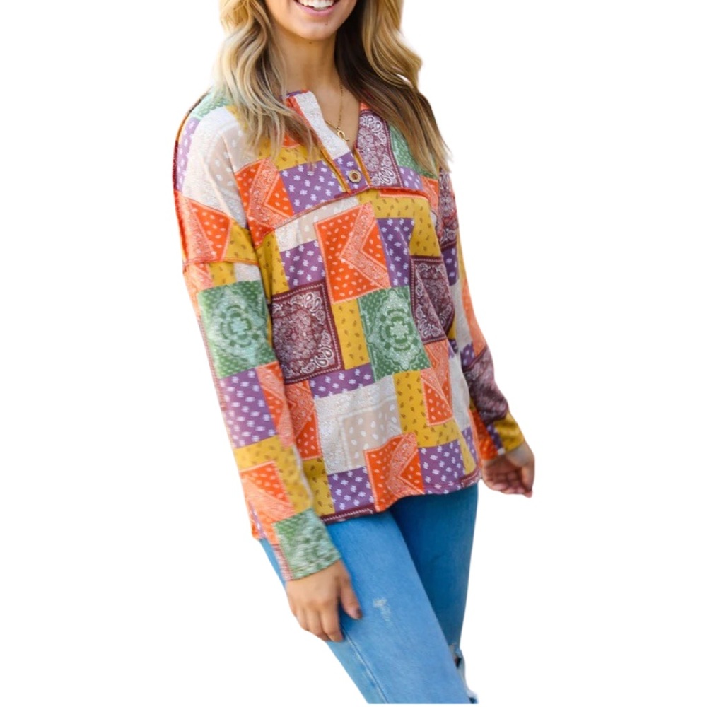 BOUTIQUE RUST OLIVE & MUSTARD PATCHWORK TOP - Picture 5 of 9